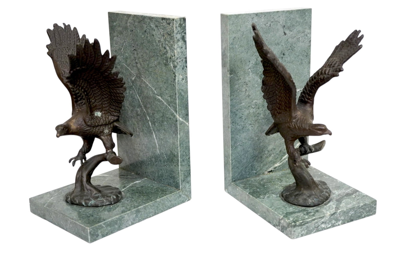VINTAGE MARBLE & BRONZED EAGLE BOOKENDS: Vintage Green Marble and Bronzed Eagle Bookends. Each 5"x4"x7 1/2". Weight 8 lbs 6 oz. Provenance:16 Water Street, a beautifully appointed home, circa 1815, located in the heart of the Charleston, SC 