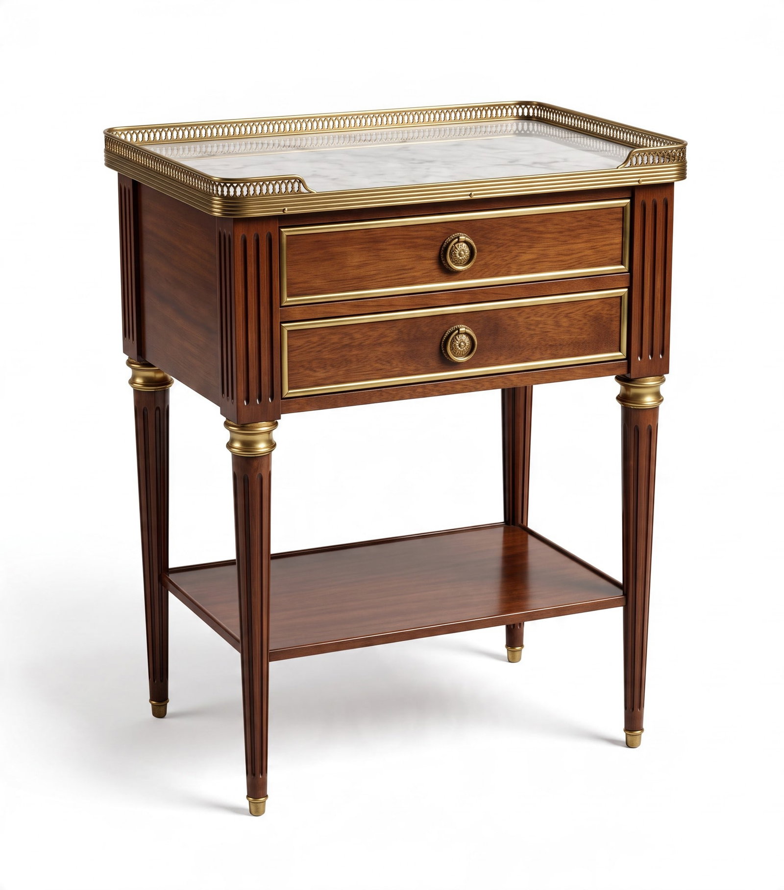 ANTIQUE FRENCH LOUIS XVI MAHOGANY SIDE TABLE: Antique French Louis XVI Style Side Table, with bronze pierced galley and inset Carrera Marble Top, two drawers on fluted tapered legs. Purchased at Geo. C. Birlant & Co, 191 King Street, Charleston, 