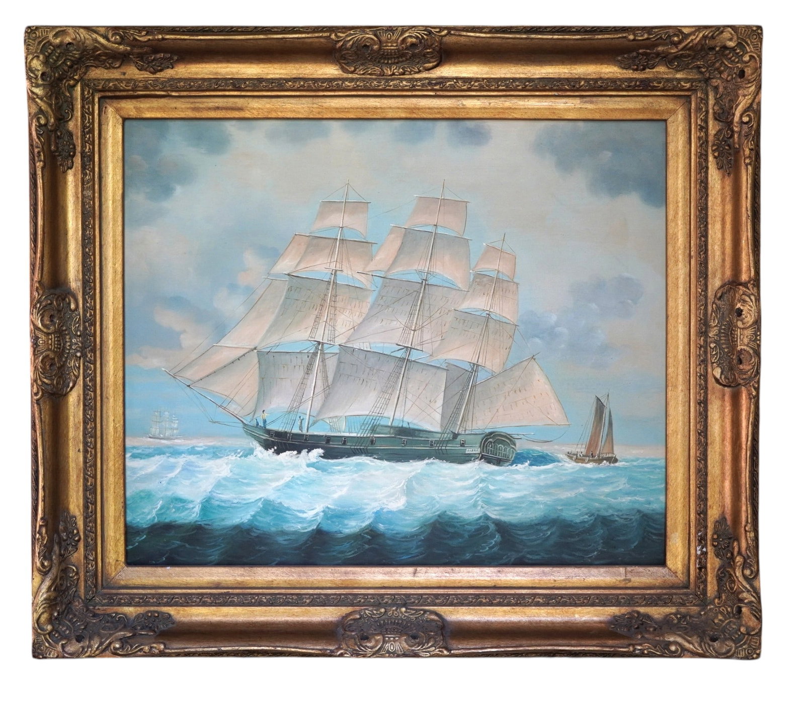 LARGE MARITIME SEASCAPE WITH 3 MASTED CLIPPER SHIP OIL ON CANVAS: 20th c Large Seascape with a Full Rigged Three Masted Clipper Ship with full sails on a choppy sea. In ornate Carved Wood and gilt gesso frame. Measures 32"x28"x3". Weight 14 lbs **In house shipping a