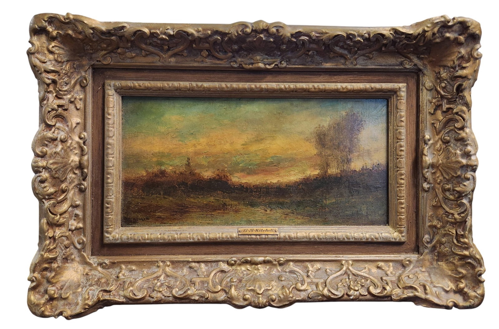 HUDSON MINDELL KITCHELL (1862-1944) TONALIST LANDSCAPE: Hudson Mindell Kitchell (1862-1944) Tonalist Landscape Oil on Canvas. In a ornate carved gilt and gesso frame with nameplate. Hudson Mindell Kitchell (1862???1944) was an early 20th?century American p