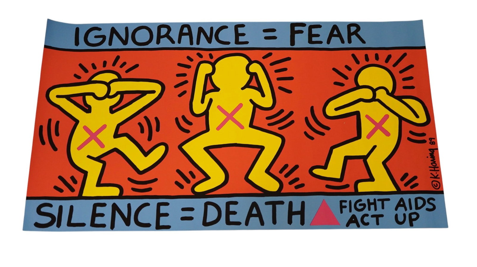 KEITH HARING 1989 ACT UP AIDS OFFSET LITHOGRAPH POSTER: After Keith Haring Offset Lithograph 1989 Poster for the ACT UP AIDS awareness campaign. Produced on behalf of the New York based AIDS activist group AIDS coalition to unleash power. (ACT UP). The pos