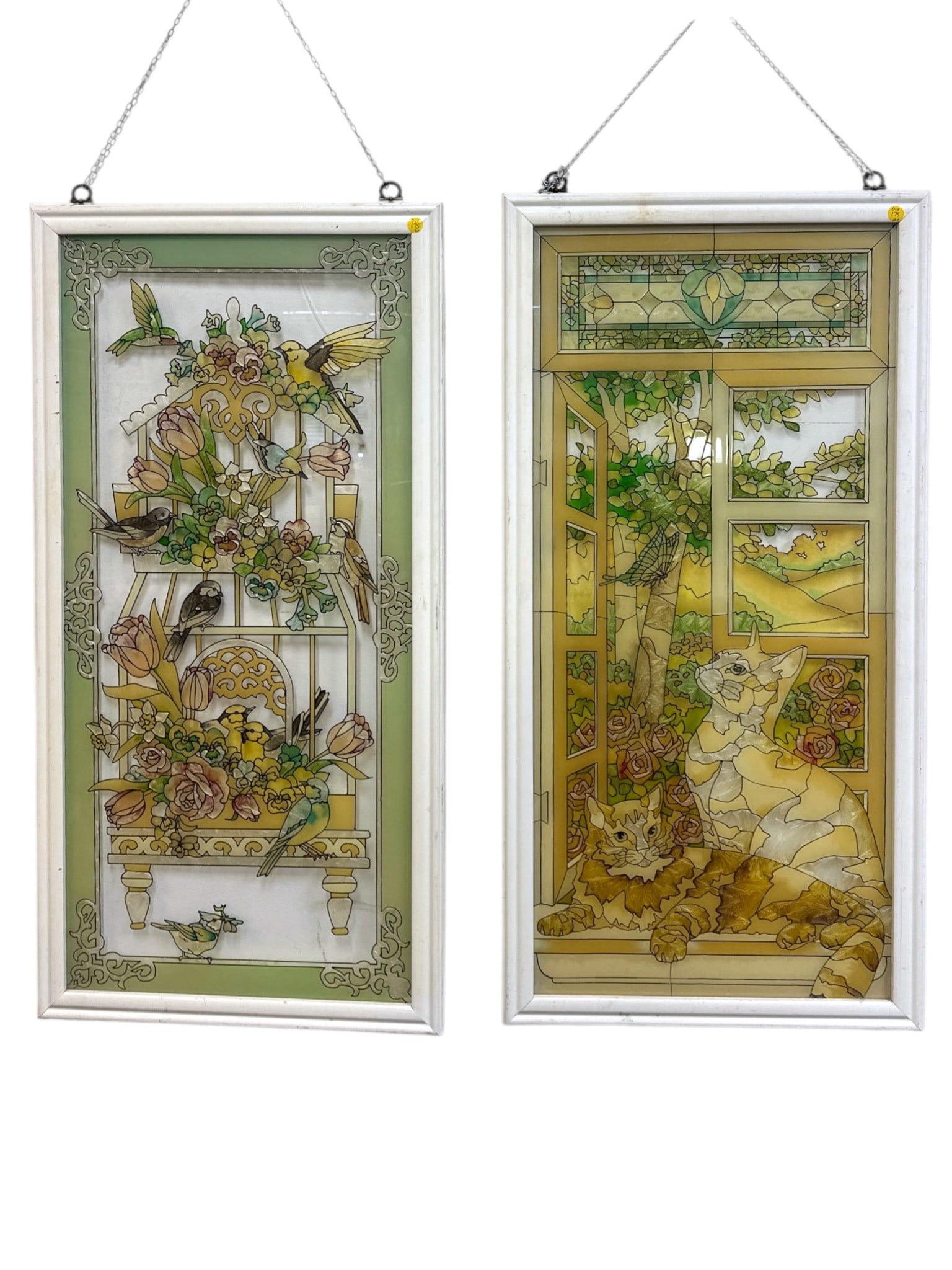 PAIR JOAN BAKER DESIGNS STAINED GLASS 40" WINDOW PANELS: Pair of Joan Baker Designs Stained Glass Suncatcher Window Panels. One a pair of cats and the other birds. Each 20"x40"x1". Weight combined 18 lbs. **In house shipping available on this lot** If you w