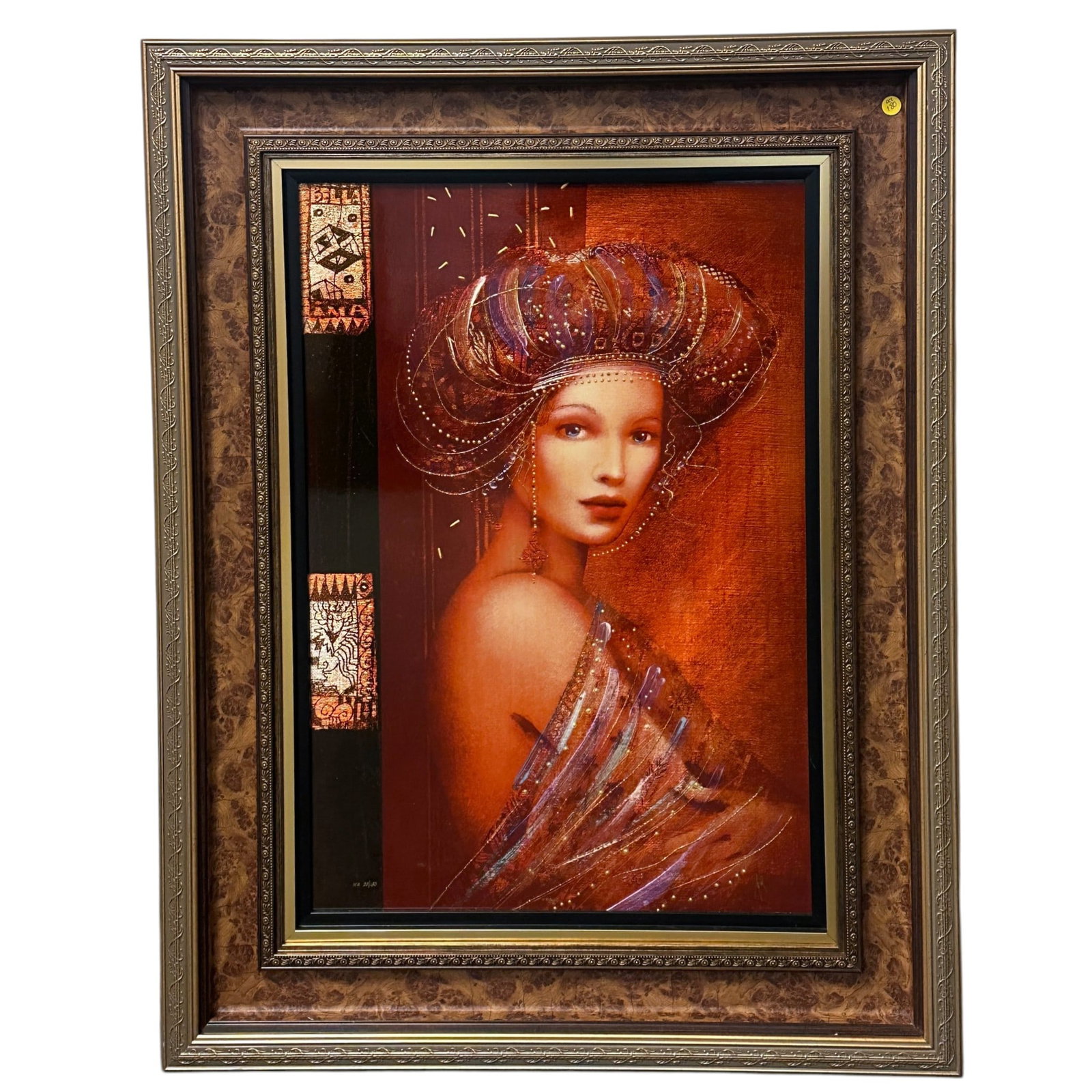 LARGE CSABA MARKUS "BELLA INA" EMBELLISHED LTD ED CALDOGRAPH: Large Framed Csaba Markus "Bella Ina" IEA Limited Edition number 23 of only 130, Caldograph (digital multiple through dye-sublimation on wood) with hand-embellishments using a variety of gold leafs an