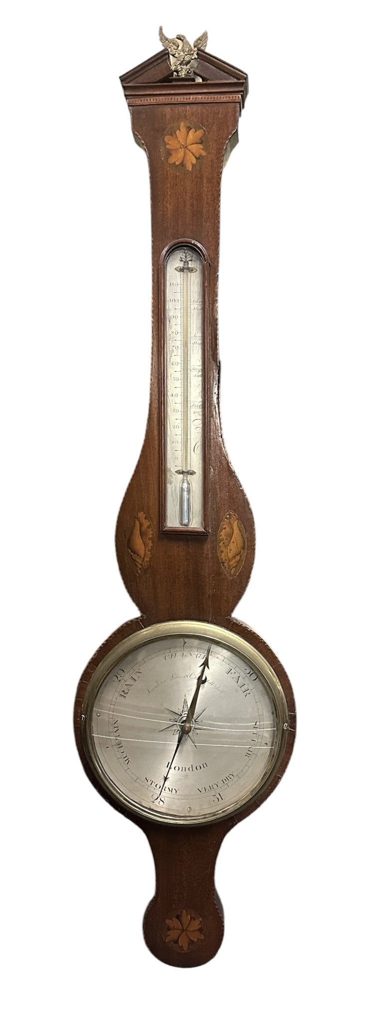 GEORGE III MARQUETRY BAROMETER & THERMOMETER: Antique George III Marquetry Inlaid Barometer and Thermometer. Measures 40"x10"x2 1/2" Weight 6 lbs Provenance:16 Water Street, a beautifully appointed home, circa 1815, located in the heart of the Ch