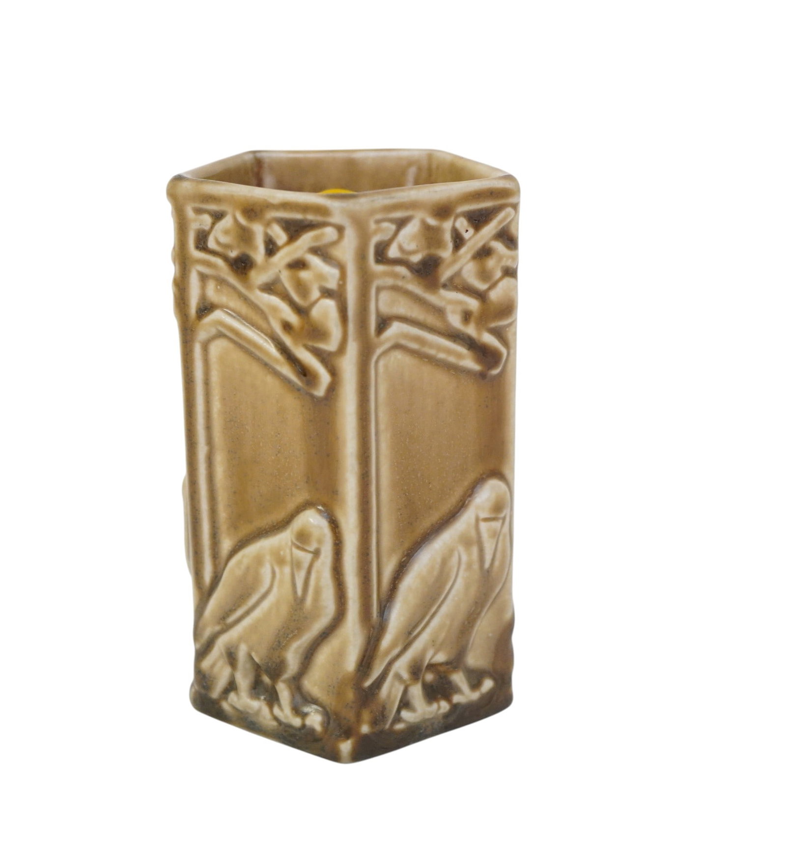 1923 ROOKWOOD POTTERY "ROOK RAVEN" PENTAGONAL VASE: Antique Rookwood Pottery "Rook Raven" Pentagonal Vase #1795. Circa 1923. Stamped on bottom. Total lot weight is 10.4 oz. and measures approx 2 3/4" x 2 6/8" x 4 6/8"