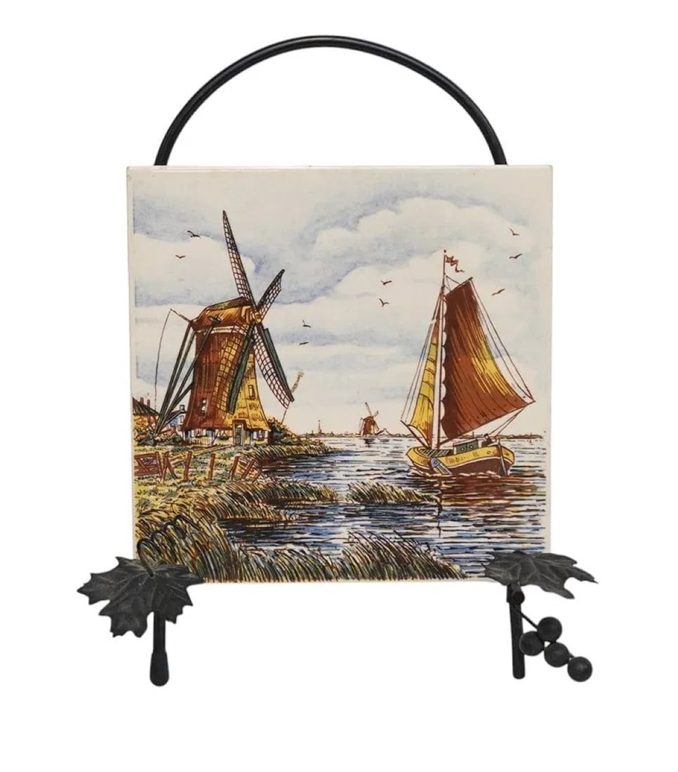 VINTAGE DELFT TILE HAND PAINTED SAILBOAT & WINDMILL (1 of 2)