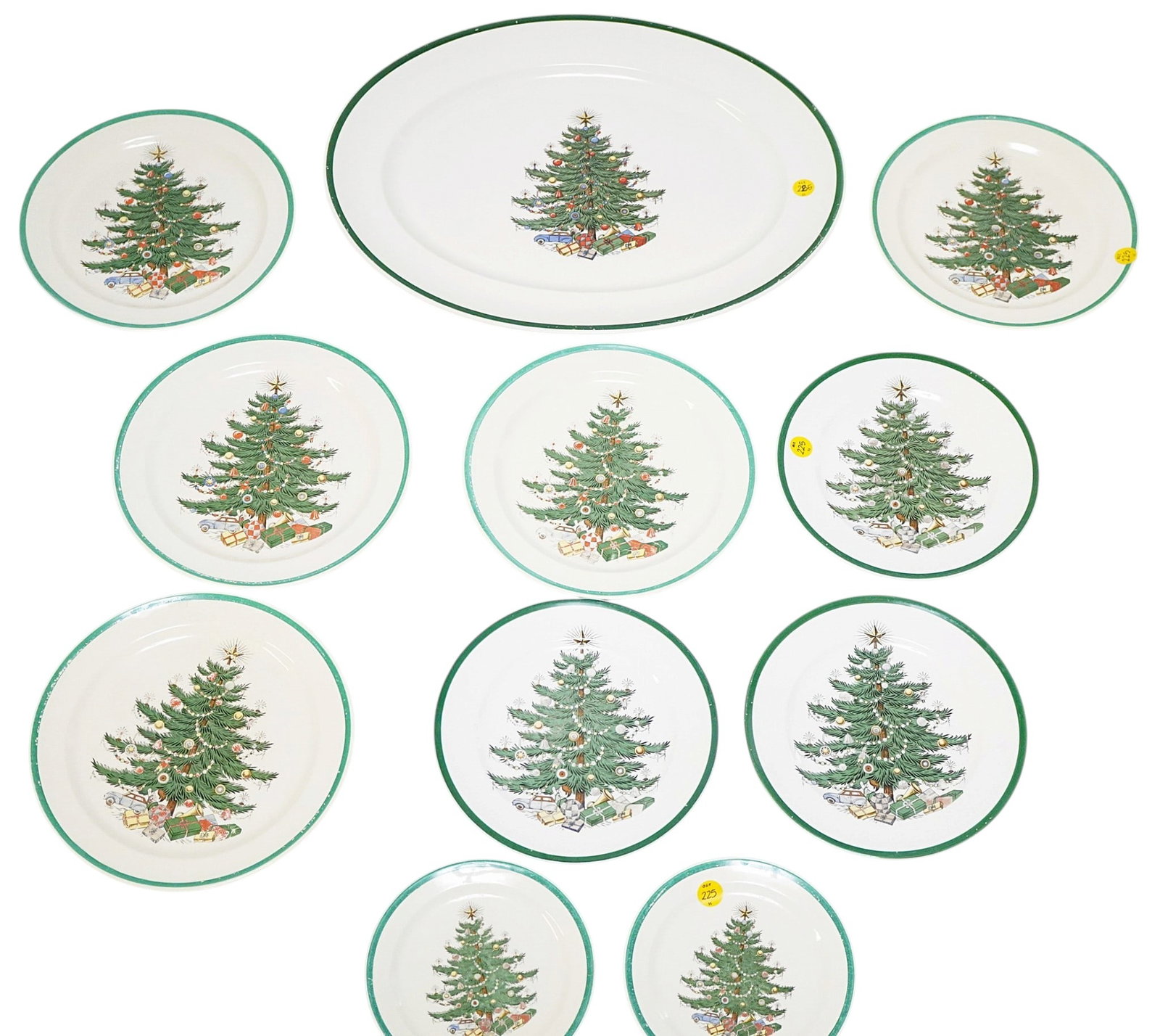 RARE PLUMMER N.Y. CHRISTMAS TREE CHINA - 11 PIECES: 11 Pieces of Rare Plummer N.Y. Christmas Tree China. This lot includes 2 dessert plates, 3 luncheon plates, 5 dinner plates and 1 large serving platter which is largest piece measuring approx. 18" x 1