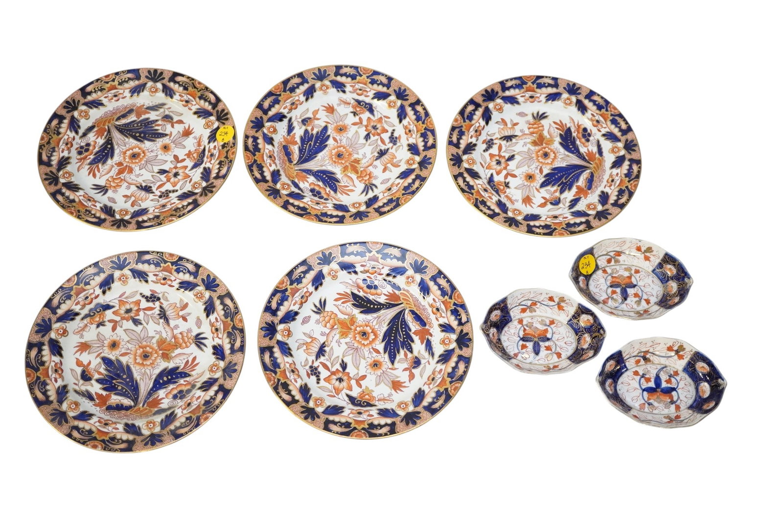8 BOOTHS IMARI PLATES AND SMALL DISHES: 5 Booths Imari Plates and 3 Hokutosho Small Oval Dishes. .Plates 7 1/2"x7 1/2"x1".Sauce Dishes 4 1/2"x3 1/4"x1". Total lot weight is 3 lbs **In house shipping available on this lot** If you win this l