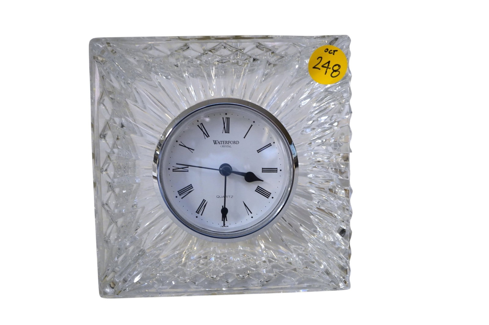 WATERFORD SQUARE CRYSTAL OLIVE CLOCK: Waterford Crystal Square Olive Clock. Measures approx. 5" x 5" and weighs 3 lbs.
