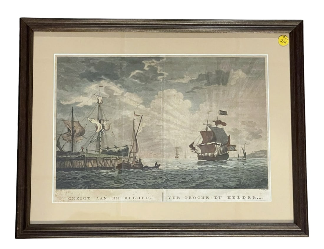 18th c AQUATINT MARITIME ENGRAVING VIEW NEAR DEN HELDER: 18th c Aquatint Maritime Engraving "Gezigt aan de Helder / Vue proche de Helder" (View near Den Helder) made by printmaker Dirk de Jong and originally published by Pierre Fouquet in Amsterdam in the l