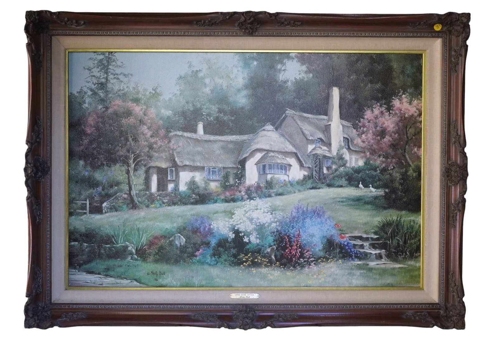LARGE GICLEE LORNA DOONE COTTAGE by MARTY BELL: Large Framed Limited Edition Giclee on Canvas by Marty Bell Professionally framed and with brass plaque. Marty Bell (1931?2003) was an internationally recognized painter known for her oil paintings of