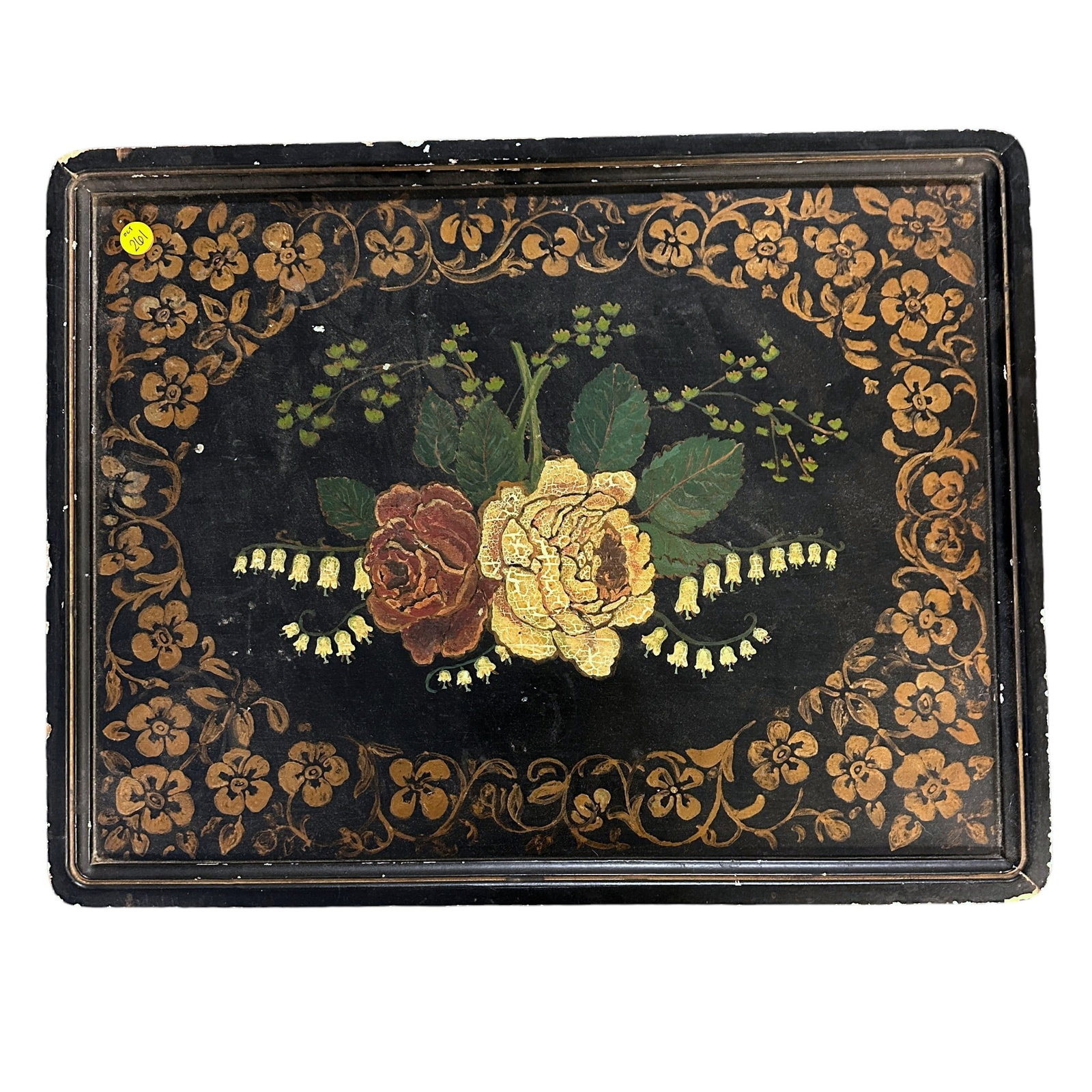 ANTIQUE WOODEN TOLEWARE TRAY: Antique Hand Painted Toleware Painted Wooden Tray. Weighs approx. 1 lb 10 oz. and measures approx. 22" x 17" x 1"