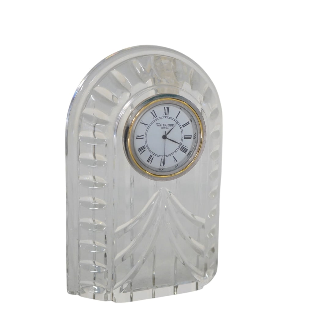 WATERFORD CRYSTAL OVERTURE DESK CLOCK: Waterford Overture Crystal Desk Clock. Measures approx. 5.5" x 4" and weighs 1 lb 8 oz. **In house shipping available on this lot** If you win this lot, please select self arranged for in house shippi