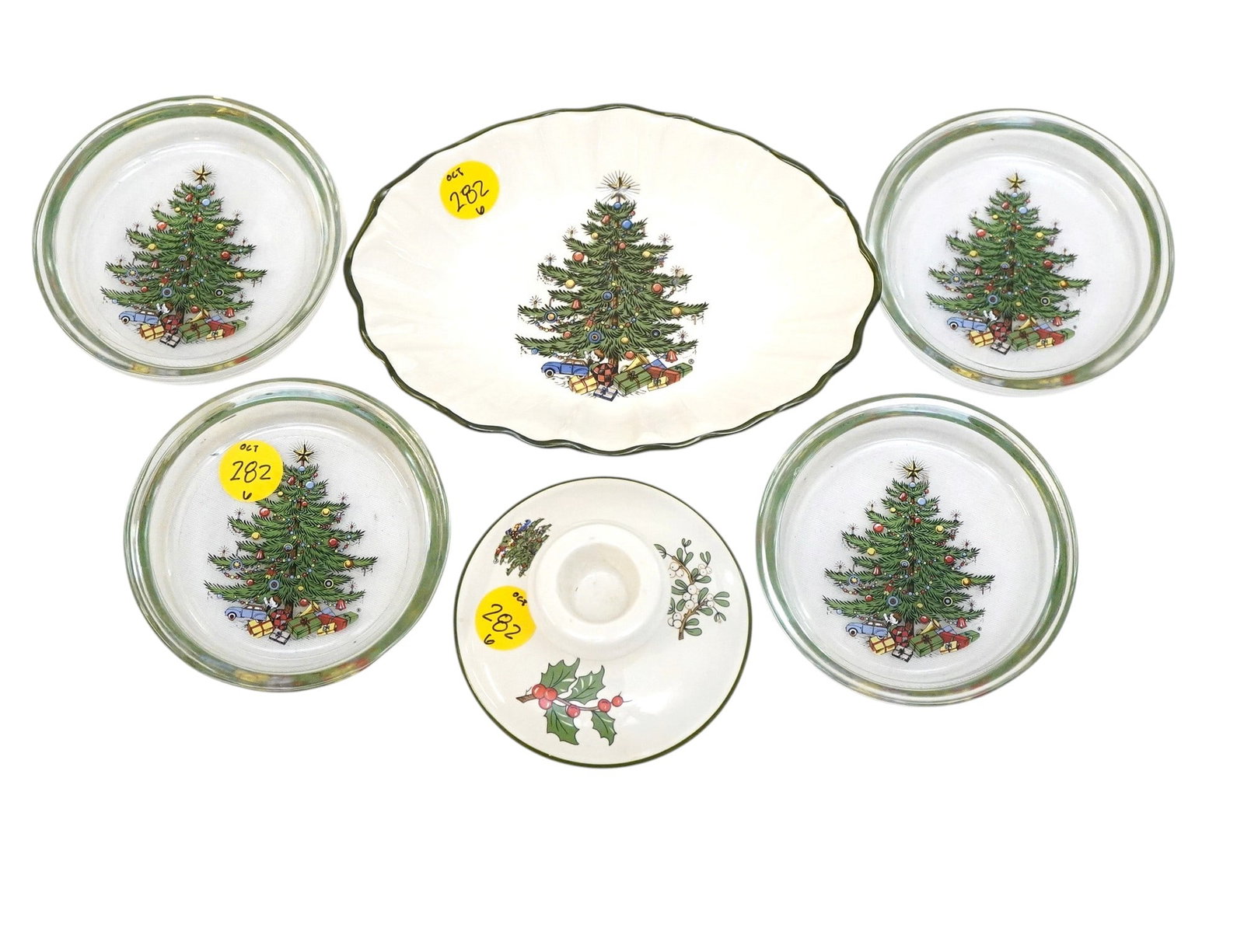 6 PIECES OF CUTHBERTSON ENGLISH CHRISTMAS TREE CHINA: 6 Pieces of Cuthbertson English Christmas Tree China and Glass Coasters. Largest is trinket dish which measures approx. 6.25" x 4.25" x 1", total lot weight is 1 lb 12 oz. **In house shipping availabl