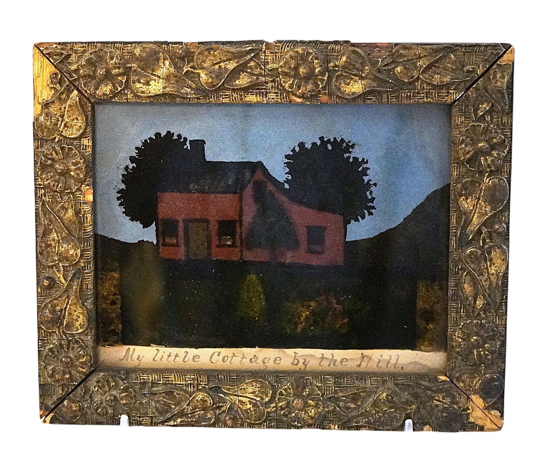 ANTIQUE FRAMED AMERICANA FOLK ART "MY LITTLE COTTAGE BY THE HILL": Antique Americana Folk Art Painting. Titled "My Little Cottage by The Hill", dated 1872 in wooden frame. Measures approx. 8" x 6.5" and weighs 11 oz. **In house shipping available on this lot** If you