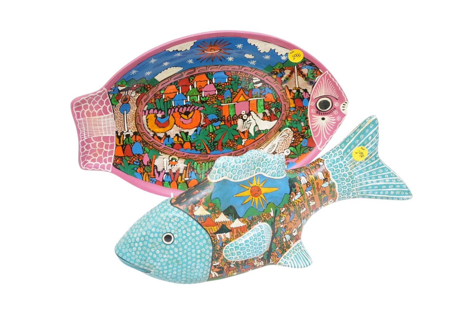 MEXICAN FOLK ART REDWARE POTTERY FISH AND SERVING TRAY: Mexican Folk Art Redware Pottery Fish and Serving Tray. Largest piece is fish which measures approx. 13" x 5" x 4.75" and total lot weight is 2 lbs 12 oz. **In house shipping available on this lot** I