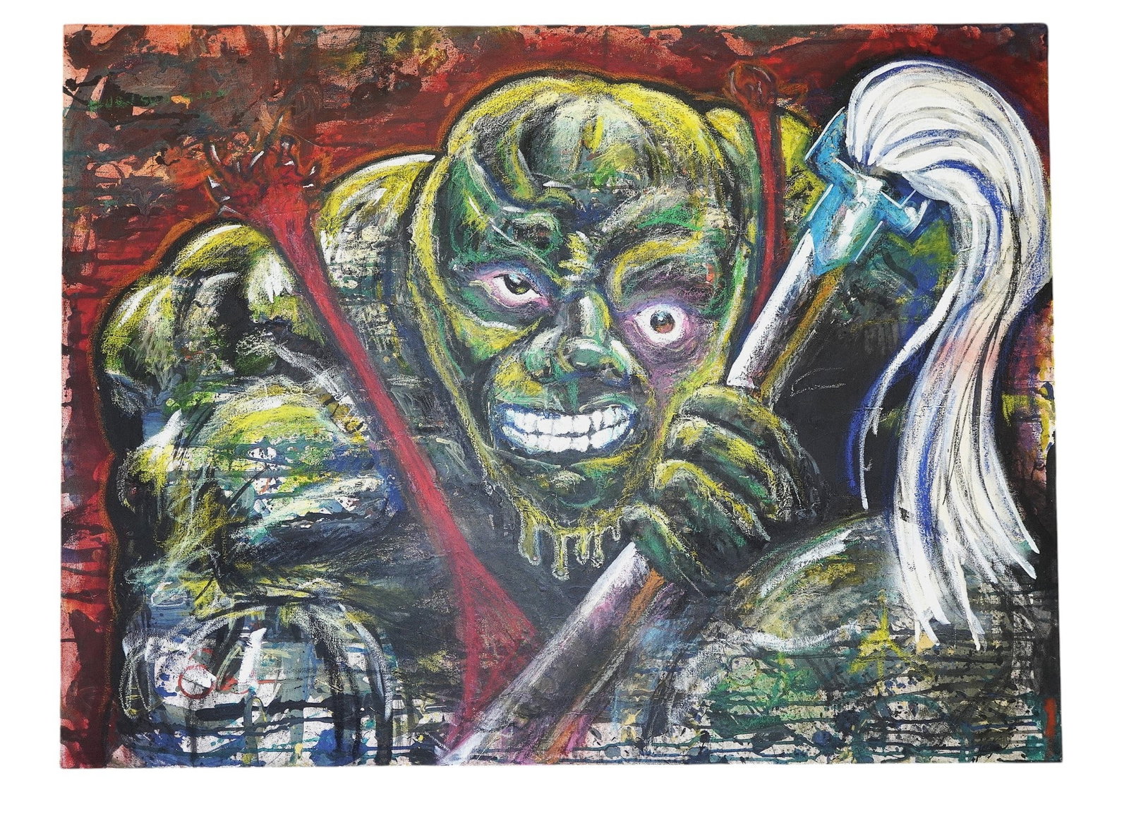 LARGE ORIGINAL MIXED MEDIA PAINTING ON CANVAS, "THE TOXIC AVENGER": Original contemporary mixed media painting on canvas depicting the cult horror superhero The Toxic Avenger. Illegible signature, unframed. 30" H x 40" W x 1.5" D. Weighs approximately 7 lbs. **In hous