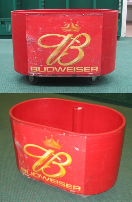 Authentic Orange Bowl Stadium Budweiser Cooler: Only four available for sale!! Perfect for keeping drinks cold at a party!!! This 50 + gallon cooler is red with the Budweiser logo on the front and has wheels so it is easily moved from place to plac