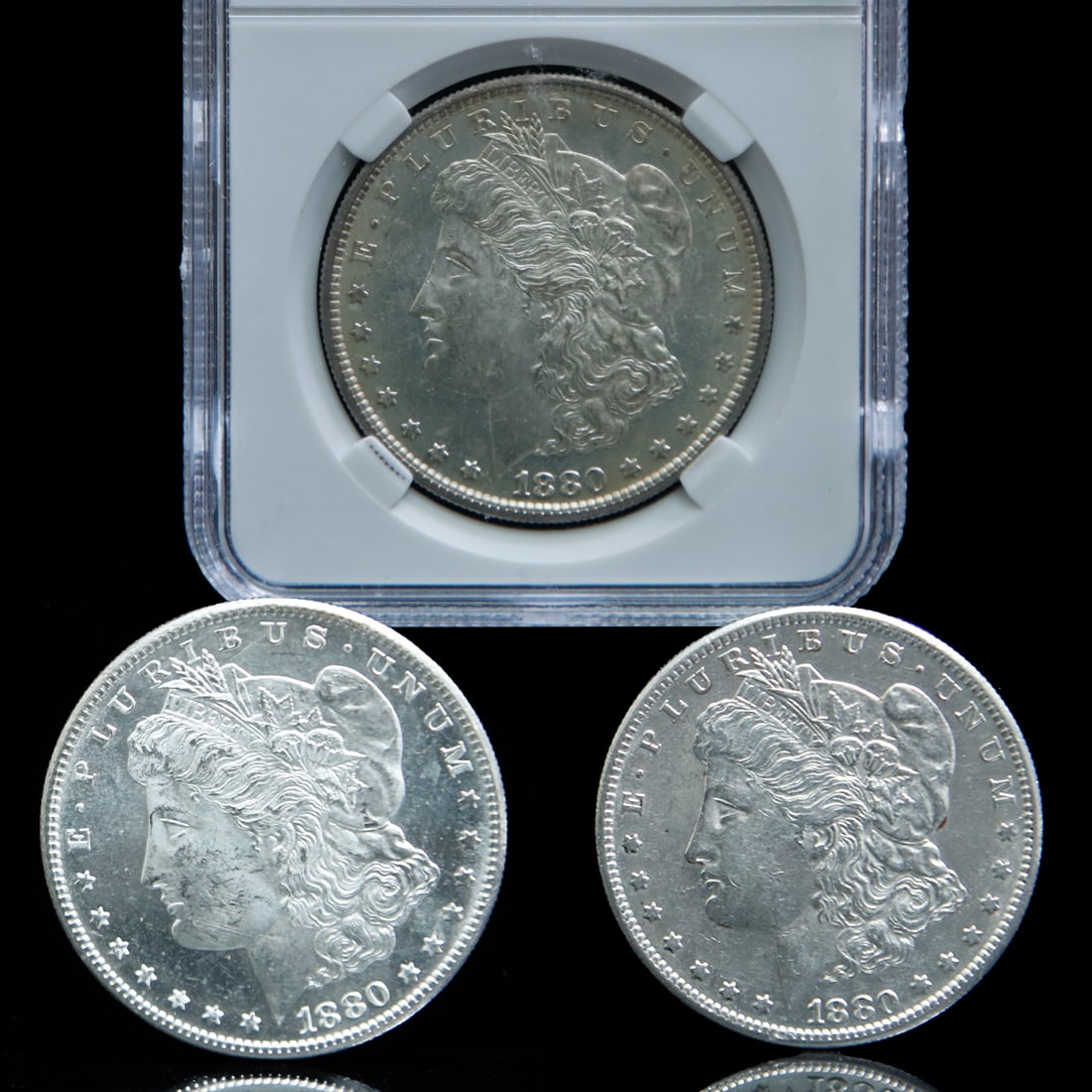 Set of Three 1880 S Morgan Silver Dollars (1 of 9)