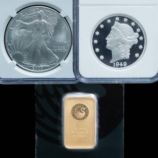 Set of Three: Perth Silver Bar, American Eagle Silver Dollar & 1849 Pattern Double Eagle: Grade: Gem Proof to Superb Gem Uncirculated - Here's an opportunity to own three distinct silver pieces with gem proof and gem uncirculated condition, the coins and bar are struck with fine silver wit