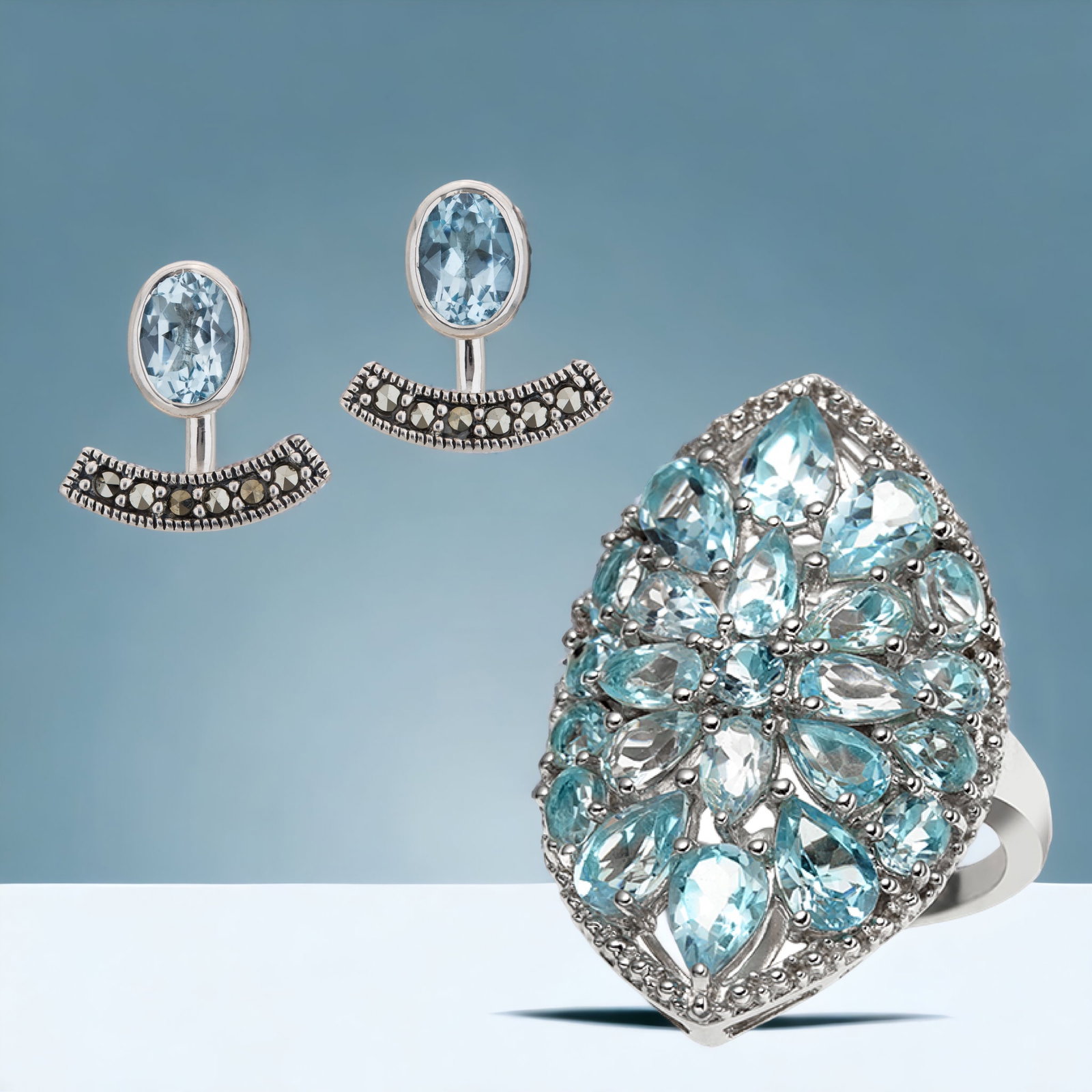 Blue Topaz Marcasite Earrings & Ring Set (1 of 1)