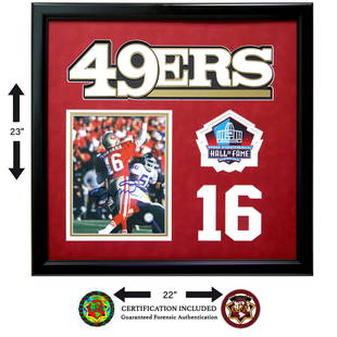 Joe Montana Signed San Francisco 49ers: This is a beautifully designed 22x23 custom framed and original Joe Montana Autographed picture. This piece comes with a Certificate of Authenticity attached to the back.