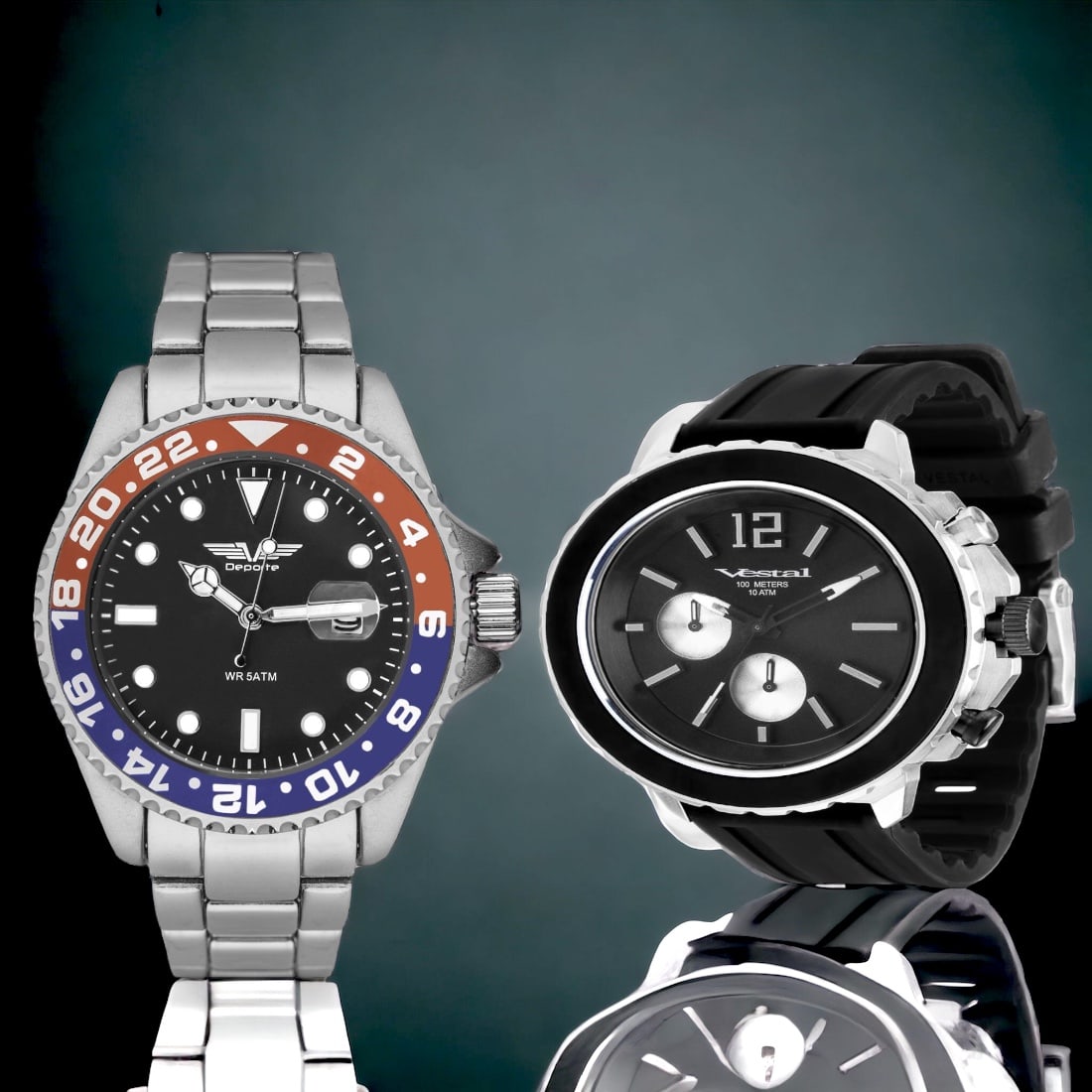 Vestal & Deporte: Stylish Sport Watches: Vestal Yacht: 45mm case, corrugated bezel with black top ring, stick/Arabic indices, two chronograph subdials. Stainless steel case with mineral dial window, Japan quartz movement, stainless steel bra