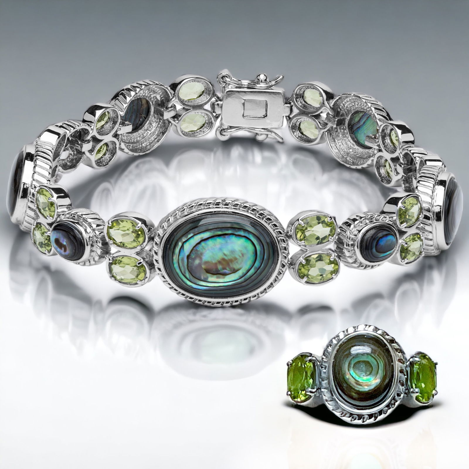 Abalone & Peridot .925 Silver Bracelet and Ring (1 of 1)