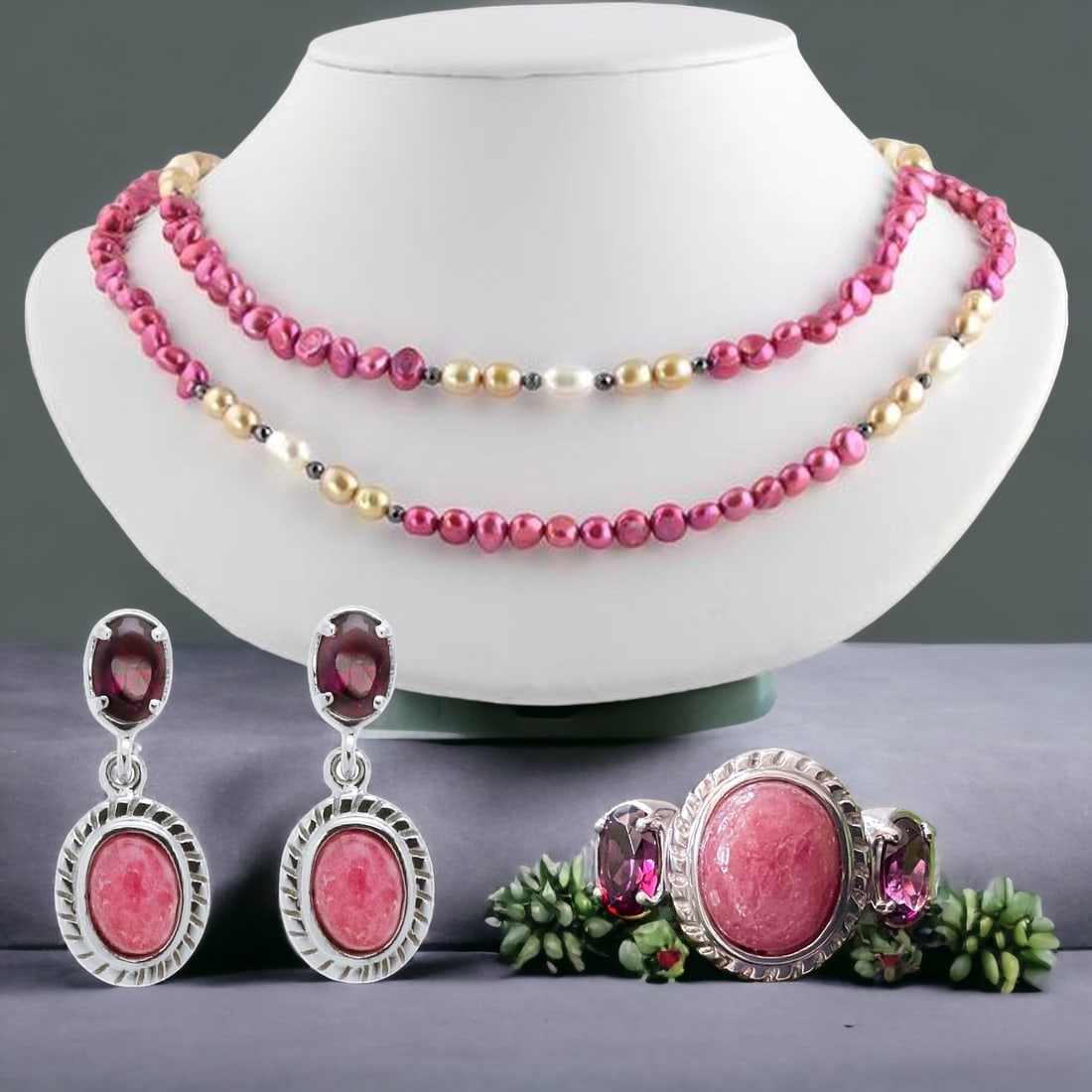 Rhodonite Earrings, Ring & Pearl Necklace Set (1 of 1)
