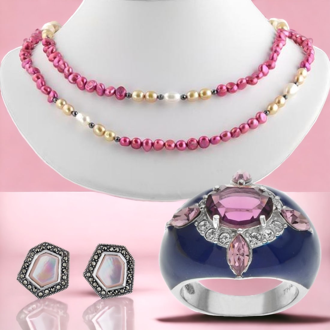 Pink MOP Earrings, Pearl Necklace, Crystal Ring (1 of 1)