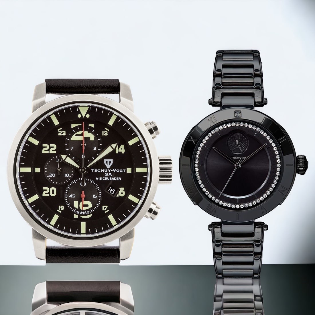 Tschuy-Vogt Crusader & Vestal Rose: Tschuy-Vogt Crusader, Swiss Made Ronda 3540.D Chronograph 46mm, Case, Superluminova, Stainless Steel, Genuine Leather Strap, Anti-Reflective Sapphire Crystal, Country of Origin Switzerland,Water Resis
