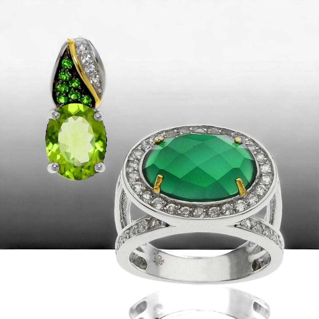Enchanting Green Agate & Peridot Jewelry Set: Adorn yourself with the enchanting beauty of this jewelry set, featuring a sterling silver pendant adorned with vivid Peridot and mesmerizing Chrome Diopside, accented with gold plating for an extra t