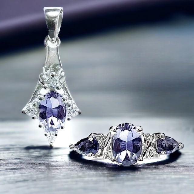 Iolite Pendant & Ring with Sparkling White Zircon (1 of 1)