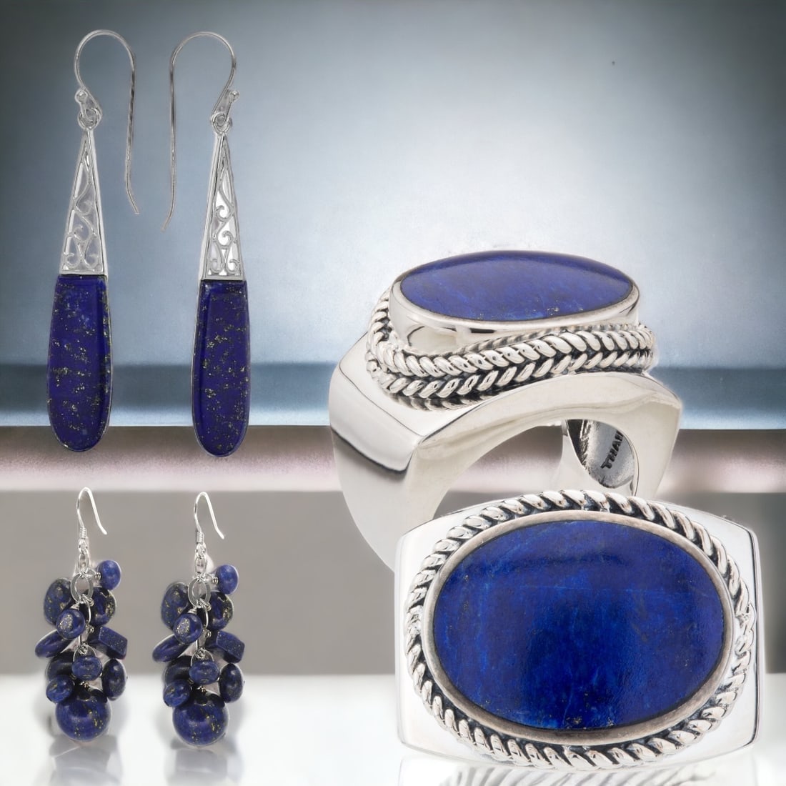 Lapis Lazuli Sterling Ensemble: This captivating collection features lapis lazuli, renowned for its deep blue hue and intriguing natural patterns. The drop earrings and beaded studs in sterling silver exude a timeless elegance. Comp