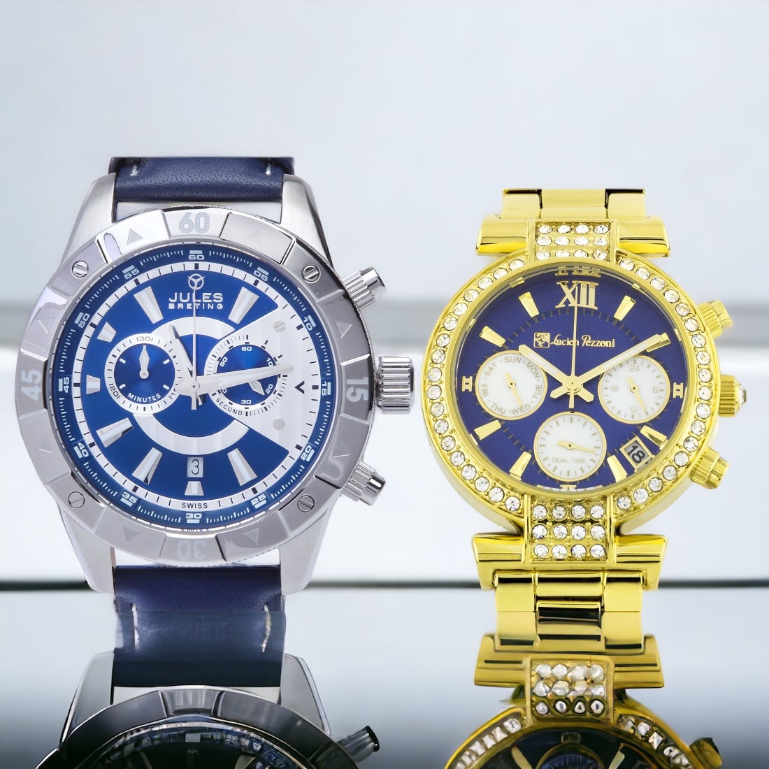Swiss Men's & Swarovski Ladies Watches: Jules Breting Icarus Men's Swiss Chronograph Watch, 47 mm case, Swiss Ronda 5021.D Movement.Lucien Pezzoni Swarovski Crystal Bezel Ladies Watch, 36mm Stainless Steel and Metal Case, Stunning Crystals 