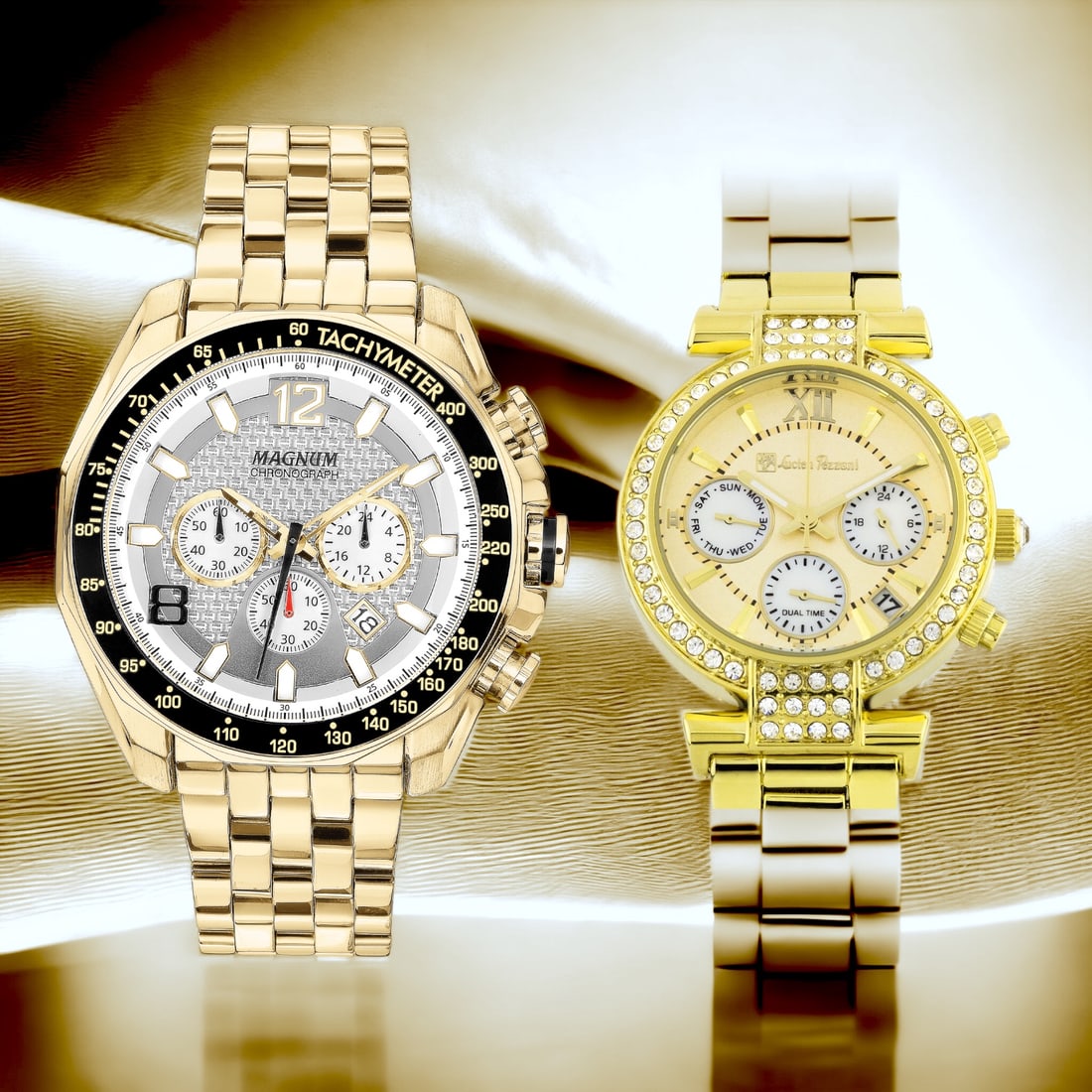 Magnum Avenger & Lucien Pezzoni Watches: 44mm Magnum Avenger Quartz Men's Chronograph - A practical timepiece with date display at 4-5 o'clock and large stopwatch buttons.Introducing Lucien Pezzoni - A 36mm timepiece adorned with stunning Sw