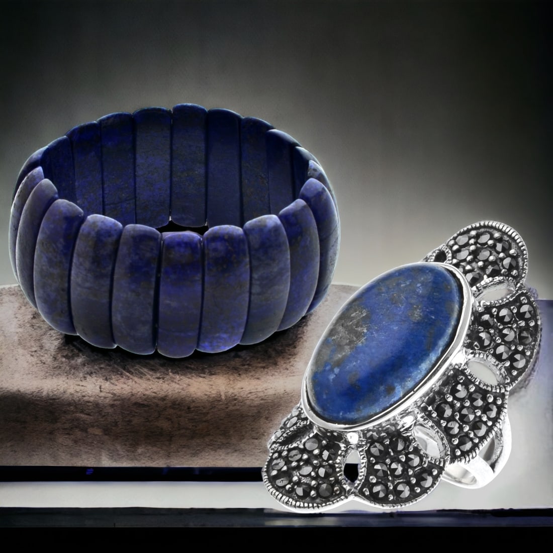 Lapis Lazuli Brilliance Ring & Bracelet: Embrace the captivating allure of Lapis Lazuli with this exquisite set. The stretch bracelet, measuring 7.5 inches, features polished Lapis beads that exhibit the stone's signature deep blue hue. Comp
