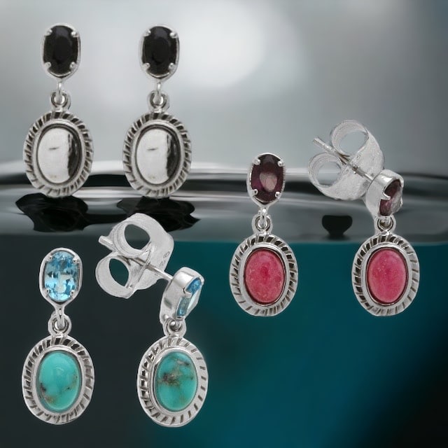 Varied Gemstone Sterling Silver Earrings: Discover elegance with this diverse set of Sterling Silver earrings. From rhodonite and rhodonite garnet to blue campo frio and white buffalo with black spinel, each piece adds a touch of sophisticati