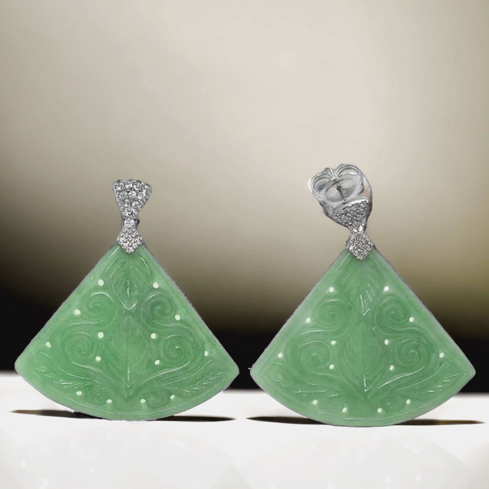 Carved Green Jade Earrings with White Zircon (1 of 1)