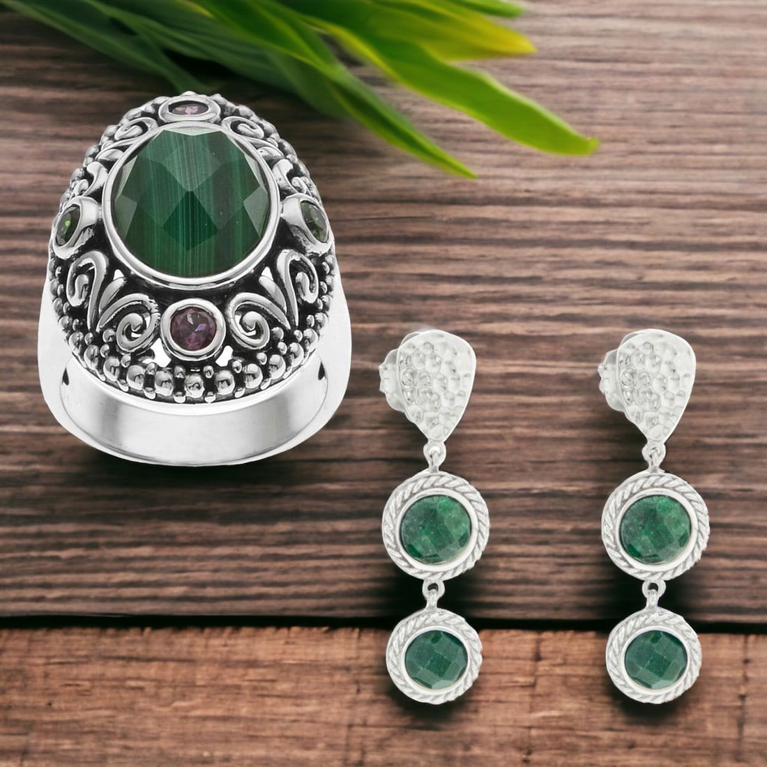Green Sapphire Earrings & Chrom Diopside Ring (1 of 1)