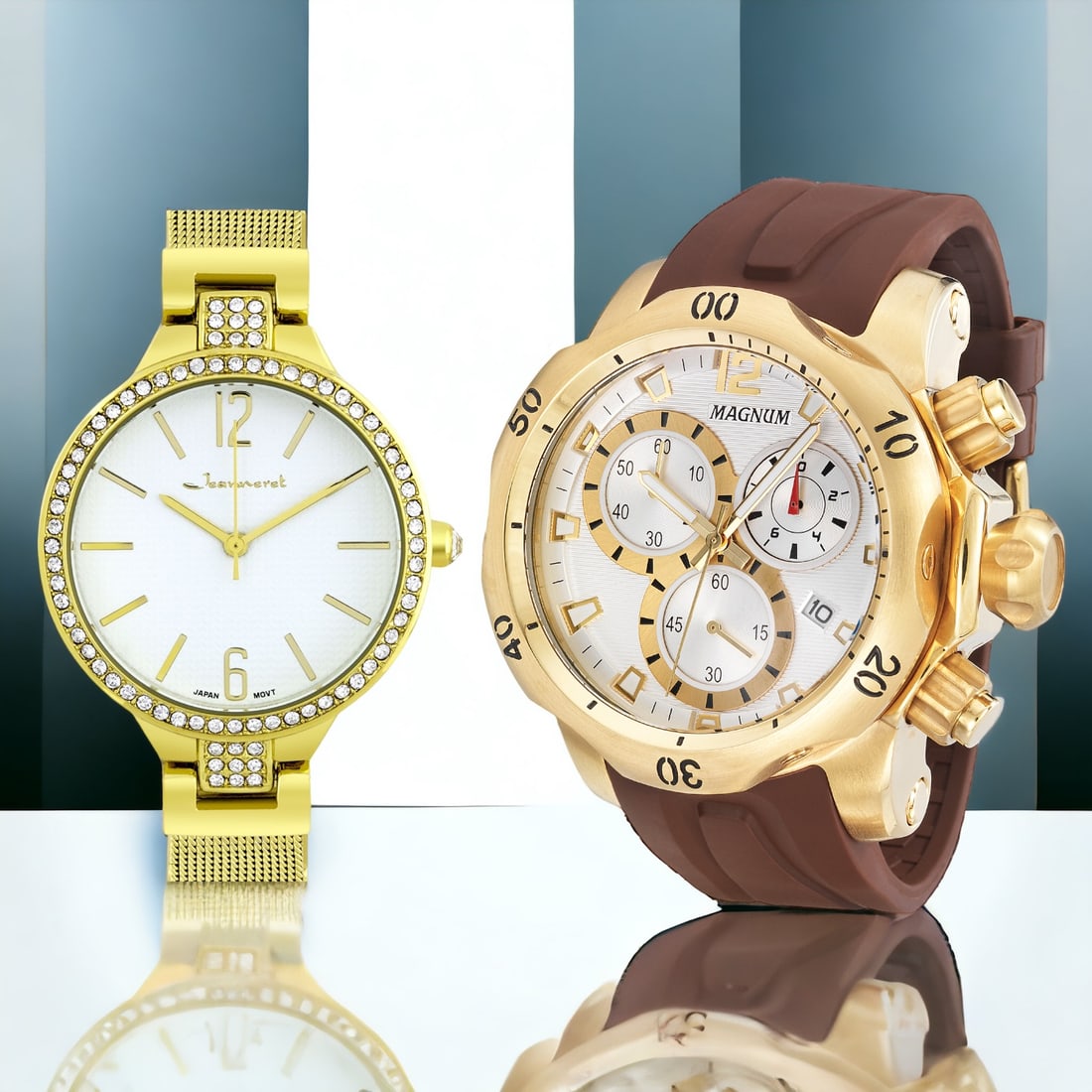 Bold Magnum & Elegant Jeanneret Watches: 53mm Men's Magnum Nugget Quartz Watch: A bold timepiece with a 39mm diameter dial window, 20mm thick case, and distinctive Nugget-inspired design.Jeanneret Luxury Ladies Watch, Shimmering Czech Crysta