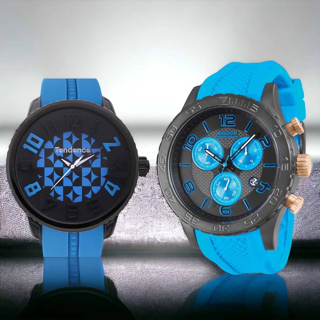 Magnum & Tendence: Bold & Sporty Men's Watches: Magnum Captain Quartz: Bold chronograph with a 51mm case, matte finish, oversized stopwatch buttons, and a captivating almost holographic carbon fiber-textured dial.Tendence 53mm Case Sporty Quartz An