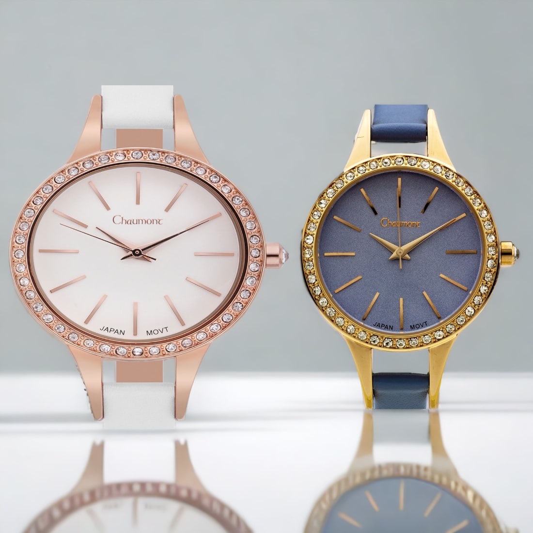Chaumont Ladies Crystal Watches: Grace and Quality: Chamount Ladies Crystal Watch, Swarovski Bezel Watch, Japan Movement, Beautiful Round Shape with Swarovski Elements, 36mm Case, Leather Strap, 3ATM Water Resistance.Chaumont Swarovski Bezel 36mm Ladie