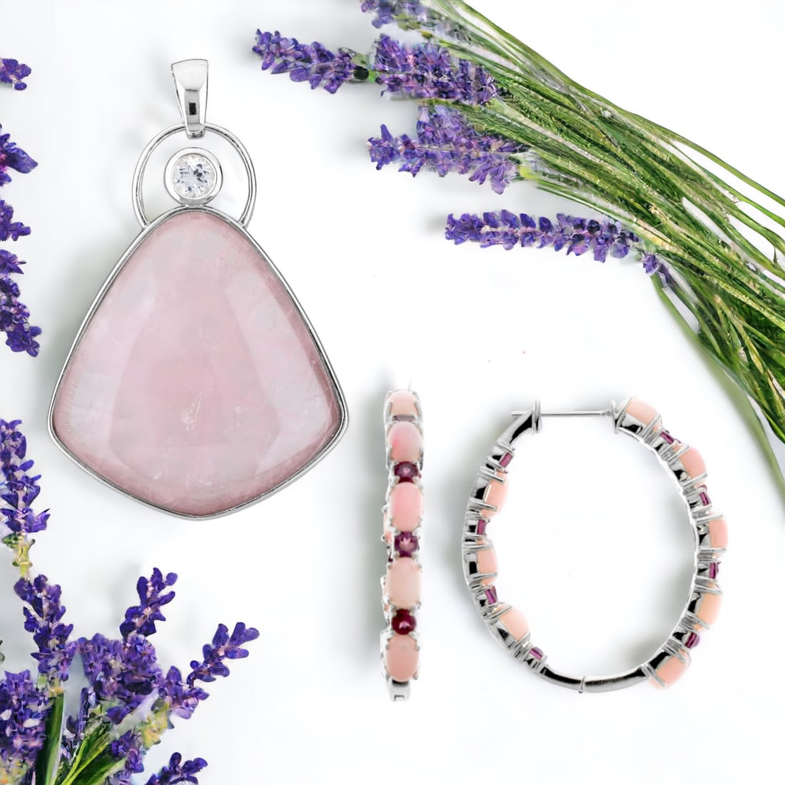 Pink Opal & Rhodolite Garnet Earrings and Pendant (1 of 1)