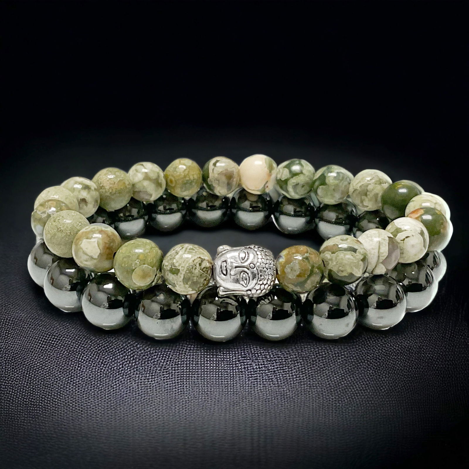 Mens Rhyolote Jasper & Hematite Bracelets: This collection features two meticulously crafted men's bracelets—an 8.5mm Rhyolite Jasper and a 10mm Hematite, both sized at 7.5 inches. The Rhyolite Jasper bracelet exudes natural charm with its e