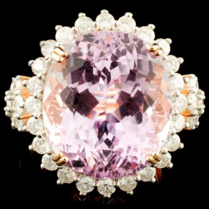 14K Rose Gold 17.00ct Kunzite & 1.32ctw Diamond Ring (1 of 4)