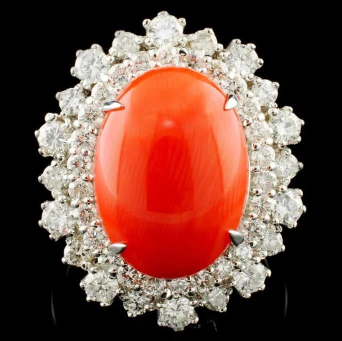 14K Gold 5.47ct Coral & 1.82ctw Diamond Ring (1 of 4)