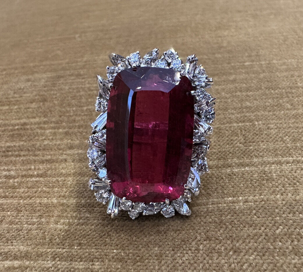 Certified 36.23 ct Cushion Rubellite & Diamond Ring in 18k White Gold (1 of 1)