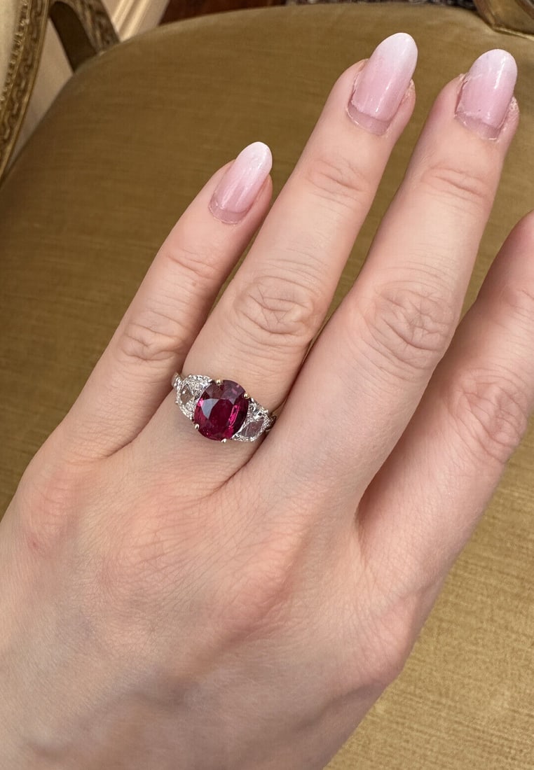 AGL 3.03 ct Oval Unheated Ruby & Diamond 3 Stone Platinum & 18K Ring (1 of 1)