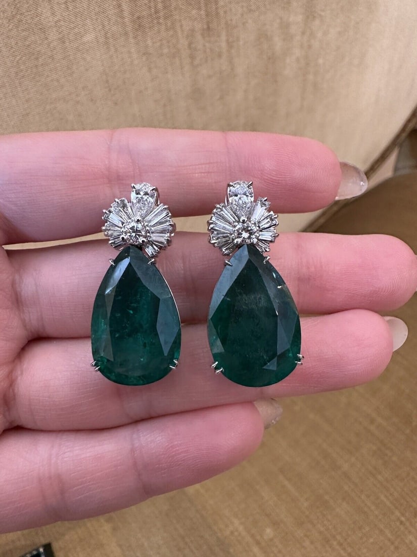 GIA Pear Emeralds 31.17 cttw and Diamond Earrings in 18k White Gold (1 of 1)